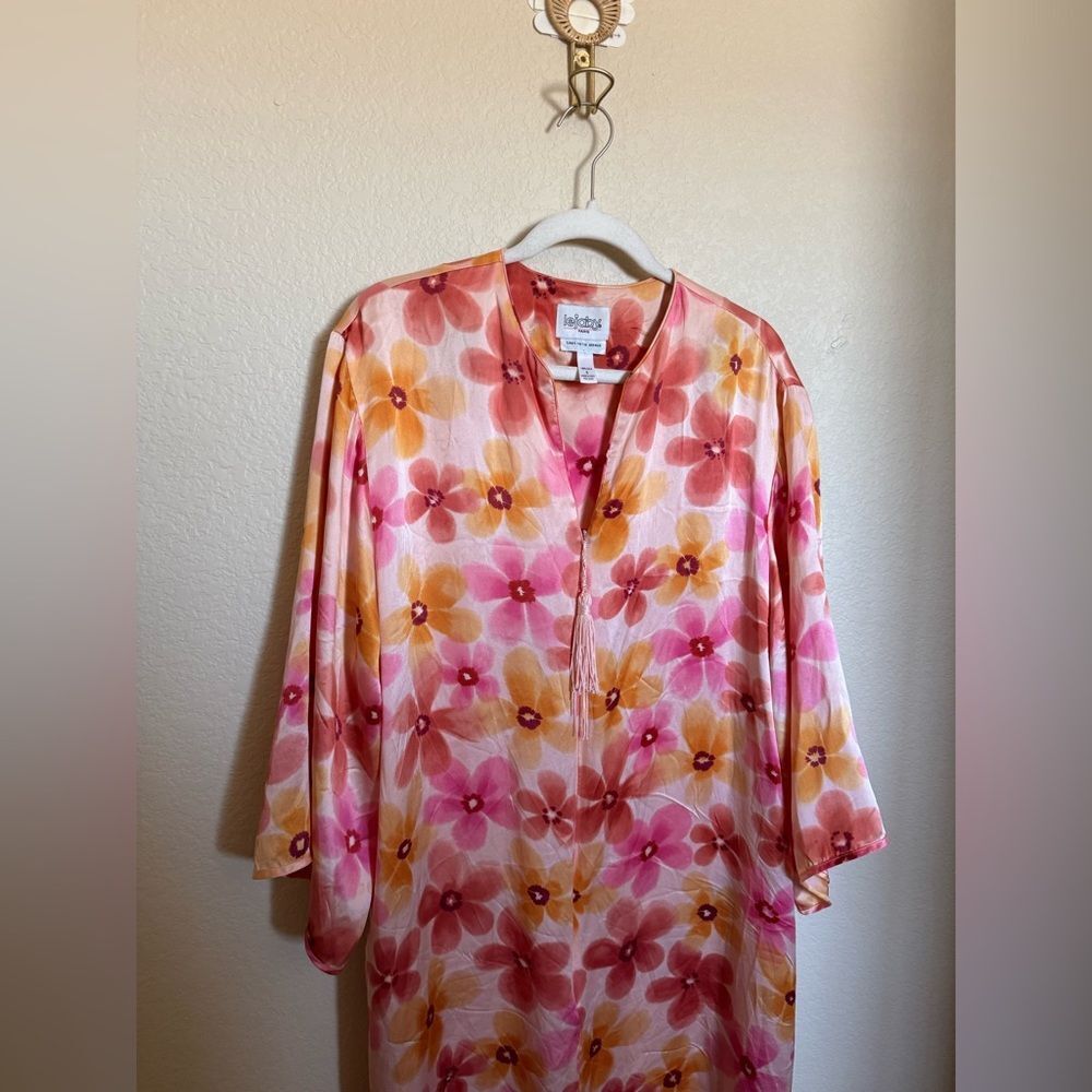 Vintage Lejaby Saks‎ Fifth Avenue Retro Floral Silk Kaftan Dress Sz Small Pink